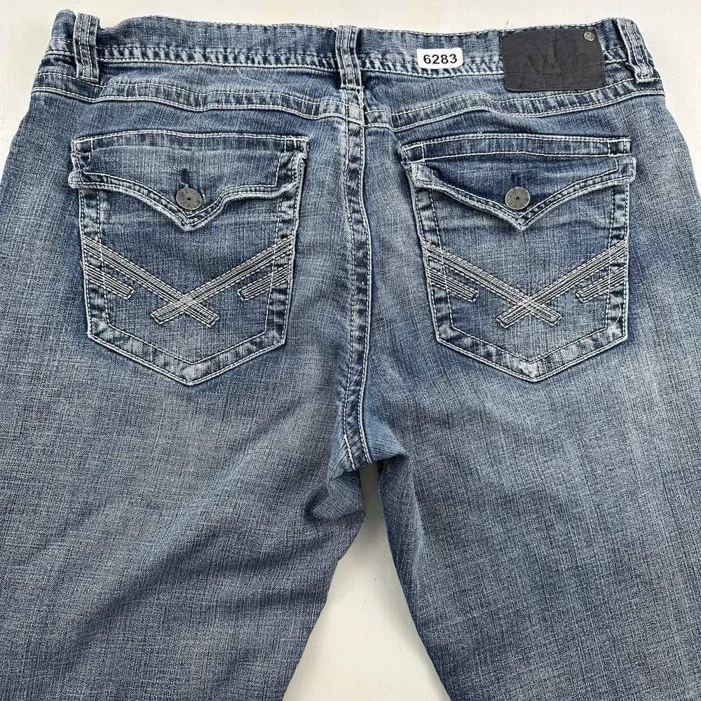 TK Axel Vintage Boot Cut Flap Pockets Jeans Men Fits 38x31 Denim Blue Distressed